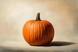 A Single Orange Pumpkin with a Brown Stem on a White Background photo