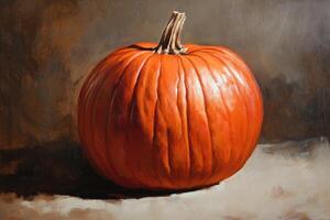 A Single Orange Pumpkin on a Tan and Brown Canvas photo