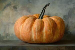 A Single Striped Pumpkin on a Gray Surface photo