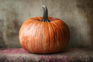 A Single Orange Pumpkin on a Red and Brown Fabric photo