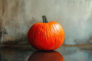 A Single Orange Pumpkin Resting on a Dark Surface photo