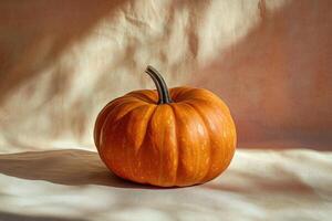 A Single Orange Pumpkin on a Textured Tan Surface photo