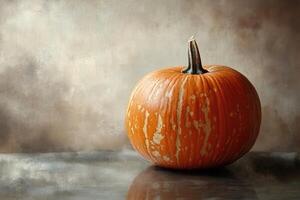 A Single Ripe Pumpkin Resting on a Textured Surface photo