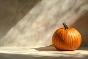 A Single Orange Pumpkin on a Textured White Wall photo