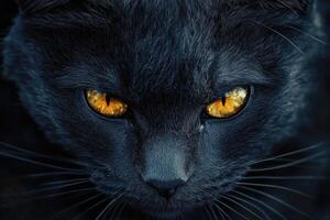 Close-up of a Black Cat's Face with Glowing Yellow Eyes photo