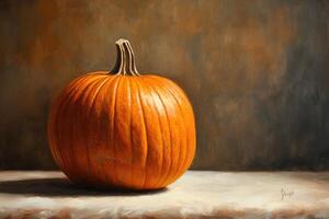 A Single Ripe Orange Pumpkin Resting on a White Table photo