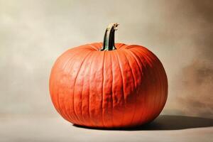 A Single Orange Pumpkin with a Green Stem on a Light Beige Background photo