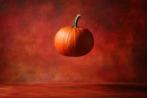 A Single Pumpkin Floating Against a Red Background photo
