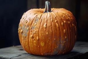 Close-up of a Warty Orange Pumpkin with a Dark Background photo
