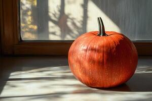 A Single Orange Pumpkin on a Windowsill in Sunlight photo