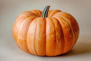 A Single Striped Pumpkin with a Green Stem photo