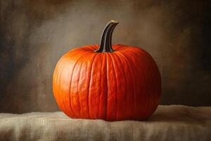 A Single, Ripe Orange Pumpkin on a Brown Fabric Background photo
