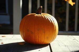 A Single Orange Pumpkin Resting on a Wooden Deck photo