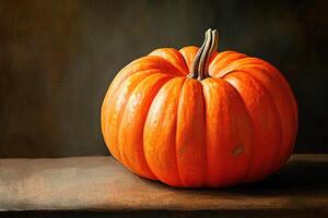 A Single, Vibrant Orange Pumpkin Rests on a Wooden Surface photo