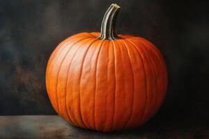A Single, Ripe Orange Pumpkin with a Brown Stem on a Dark Background photo