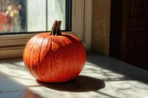A Single Pumpkin in Sunlight on a Windowsill photo