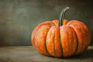 A Single, Ripe Pumpkin with Green and Orange Stripes photo