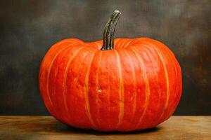 A Single Orange Pumpkin with Vertical Stripes on a Brown Wooden Surface photo