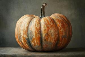 A Single, Ripe Pumpkin with Distinctive Skin Patterns photo