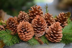 A Close-Up of Pine Cones and Evergreen Branches on a Slate Surface photo