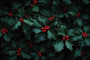 Lush Green Holly Leaves with Scattered Red Berries photo