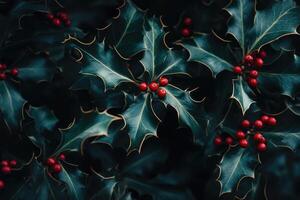 Close-up of Green Holly Leaves with Red Berries photo