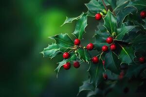 Close-up of Holly Berries and Prickly Green Leaves photo
