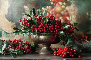Holly Berries and Sprigs in a Silver Vase on a Wooden Surface photo