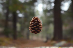 A Single Pine Cone Suspended in Mid-Air Against a Blurred Forest Background photo
