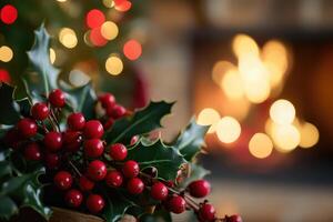 Red Holly Berries and Green Leaves Against a Blurred Background of Christmas Lights photo