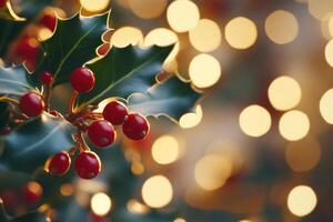 Close-up of Holly Berries with Blurred Golden Lights in the Background photo