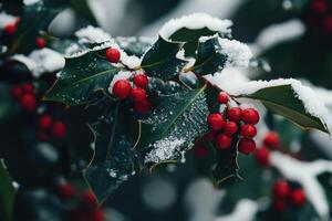 Snow-Covered Holly Bush with Red Berries photo