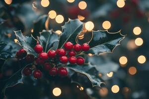 Close-up of Holly Berries with Blurred Lights in the Background photo