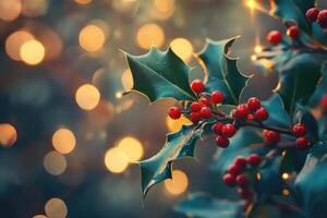 Close-up of Holly Berries and Leaves with Golden Bokeh photo
