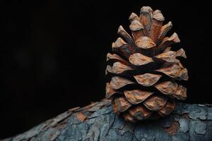 A Close-up of a Brown Pine Cone Resting on Bark photo