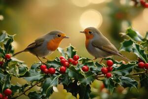Two European Robins Perched on a Holly Branch with Red Berries photo