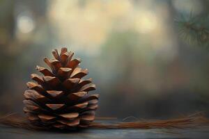 A Single Pine Cone Rests on a Forest Floor with Blurry Background photo