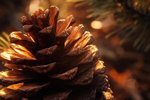 A Close-Up of a Brown Pine Cone with Warm Lighting photo