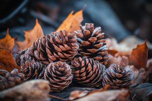 A Close-Up of Pine Cones and Fallen Leaves in the Autumn Forest photo