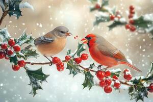 Two Birds Perched on Snowy Holly Branch with Red Berries photo