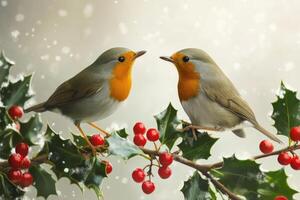 Two robins perched on a holly branch with red berries in a snowy setting photo