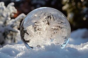 A Frozen Snowflake Encased in a Crystal Ball on a Snowy Surface photo