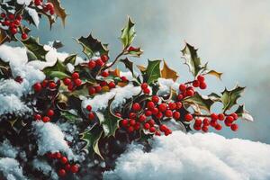 A Close-Up of Holly Berries and Green Leaves Covered in Snow photo
