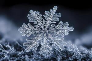Close-up of a Single Intricate Snowflake on a Dark Background photo