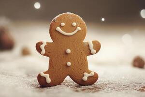A Smiling Gingerbread Man on a Snowy Surface photo
