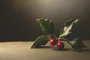 Holly Sprig with Red Berries on a Brown Surface photo