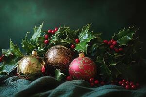 Christmas Ornaments Nestled in Holly and Berries photo