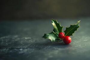 Holly Sprig with Two Red Berries on a Dark Surface photo