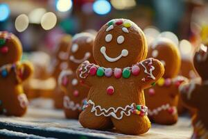 Decorated Gingerbread Man Cookie with Smiling Face and Candy Decorations photo
