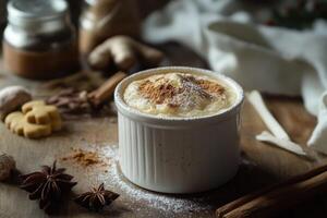 Creamy Dessert with Cinnamon and Powdered Sugar in White Bowl photo